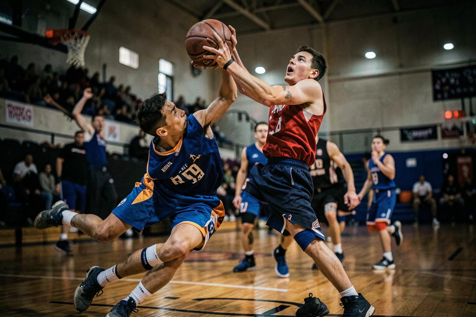 Basketball player driving to the hoop under the lights