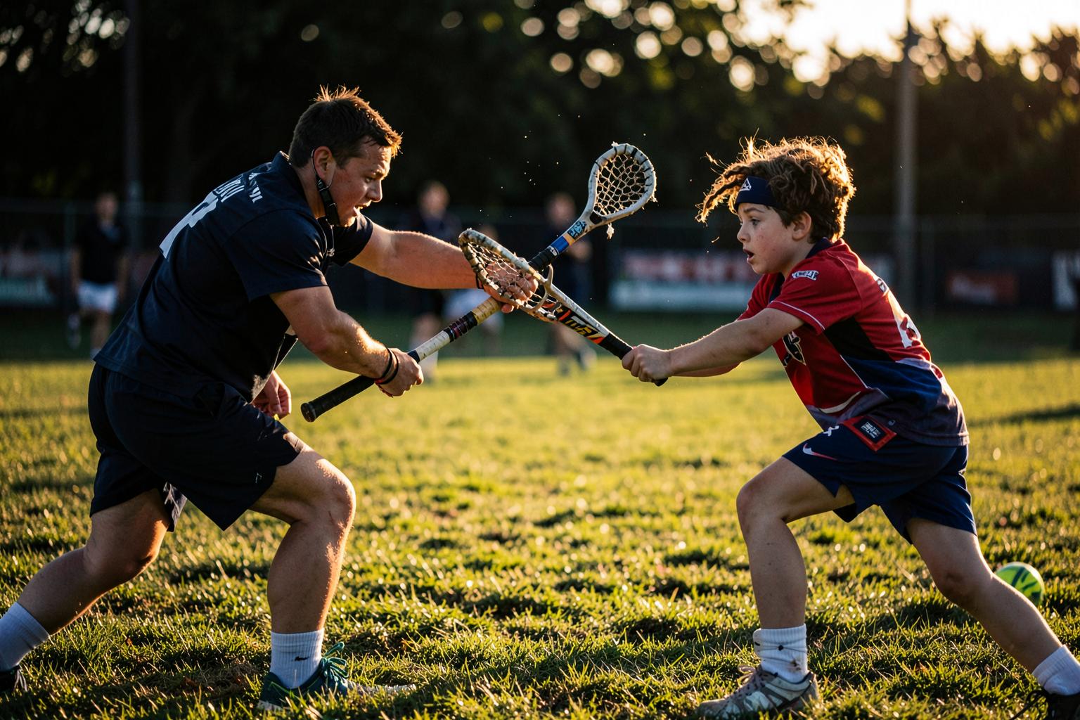 Lacrosse midfielder cradling the ball downfield