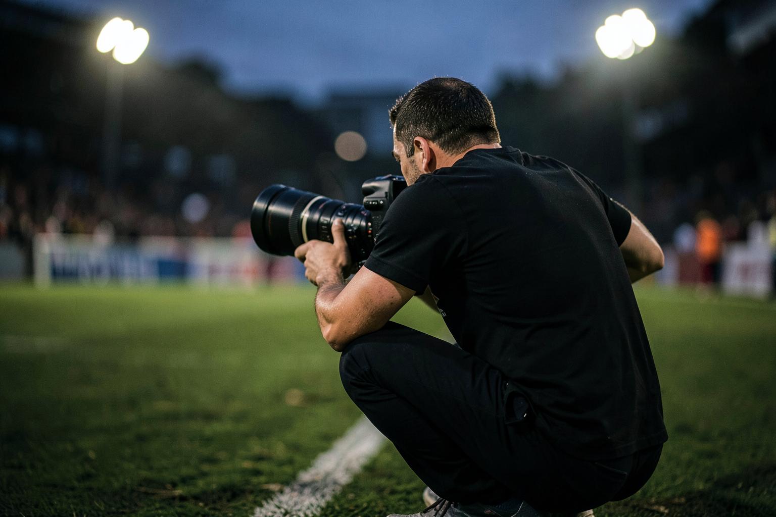 A Snapr photographer crouched on the sideline at dusk