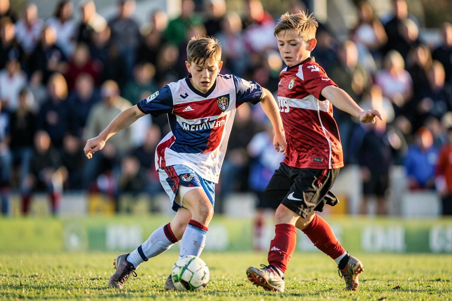 Youth soccer forward striking the ball mid-air on a sunlit field